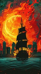 Wildfire dancing to jazz rhythms, DNA patterns in the flames, pirate ship silhouette against skyscrapers