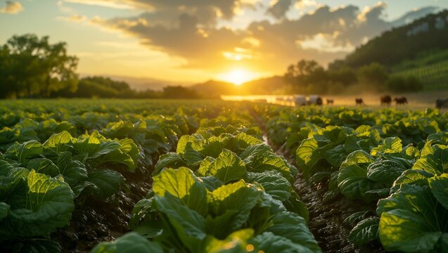 A serene morning on a sustainable farm, showcasing diverse crops and livestock with advanced irrigation systems in action, embodying the essence of organic farming