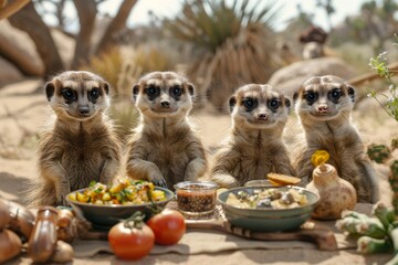 A group of lively meerkats hosting a cooking show in the desert, preparing extravagant meals with humorous commentary. - obrazy, fototapety, plakaty