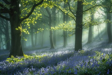 A dreamy underexposure of a bluebell wood in early morning mist