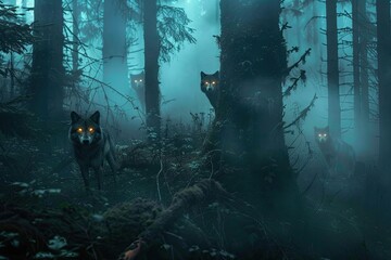 A dense foggy forest where ghostly wolves with eyes of fire guide lost travelers