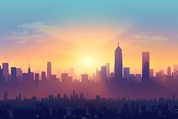 A detailed city skyline silhouette at sunrise with a gradient sky