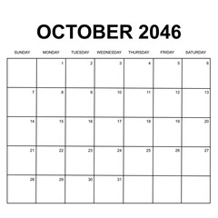 october 2046. monthly calendar design. week starts on sunday. printable, simple, and clean vector design isolated on white background.