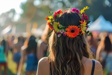 A fashionable floral headpiece being worn at a summer music festival