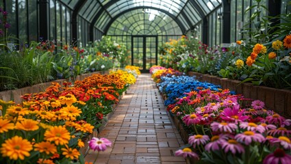 Vibrant horticulture showcase, a kaleidoscope of flowers and edible plants, greenhouse nurturing biodiversity, essential for pollination - obrazy, fototapety, plakaty