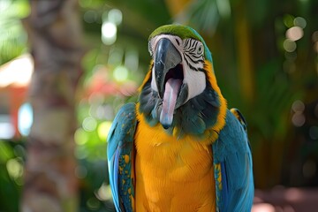 A lively parrot reciting funny phrases in a tropical paradise