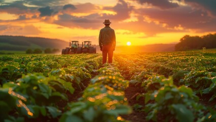 Sunrise over a lush green farm, dew on crops, a farmer checking soil health, backdrop of modern tractors, hint of agroforestry - obrazy, fototapety, plakaty