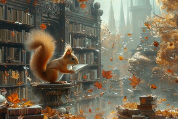 A squirrel piloting a paper airplane through a library, dodging book mountains and ink rivers.