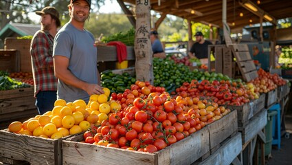 A bustling farm-to-table market, colorful array of fresh produce, happy consumers interacting with farmers, essence of community agriculture