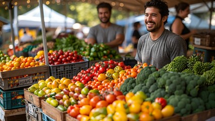 A bustling farm-to-table market, colorful array of fresh produce, happy consumers interacting with farmers, essence of community agriculture - obrazy, fototapety, plakaty