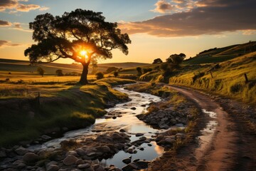 The sun is setting behind a tree, casting a warm glow on the dirt road
