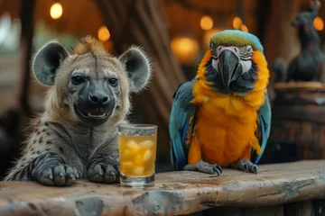 Crédence de cuisine en verre imprimé Hyène A comedy club in the animal kingdom where laughing hyenas and witty parrots share jokes and funny tales.
