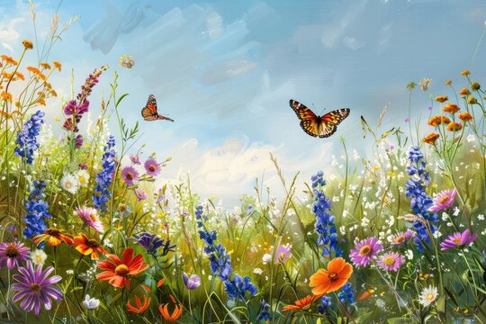A summer meadow filled with wildflowers and fluttering butterflies
