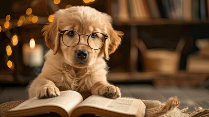 A Golden Retriever puppy wearing oversized glasses and looking confused by a book. - obrazy, fototapety, plakaty