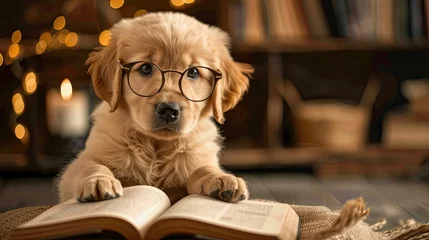 Foto op Canvas A Golden Retriever puppy wearing oversized glasses and looking confused by a book. © AI Farm