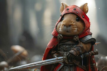 An adventurous quest by a band of guinea pigs in tiny armor, seeking the legendary carrot sword in the veggie kingdom. - obrazy, fototapety, plakaty