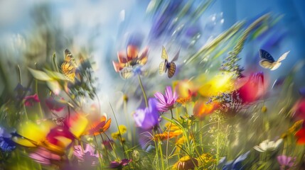 Obraz na płótnie Canvas Dynamic Wildflower Meadow with Fluttering Butterflies AI Generated