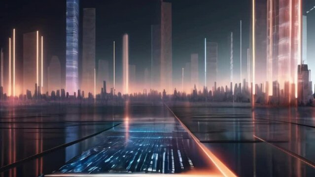 Abstract hologram 3D city rendering with futuristic matrix. Digital skyline with a binary code particles network. Technology and connection concept. Architecture background with particle skyscrapers.