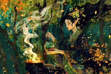 A witch brewing potions in a deep forest with a nature goddess