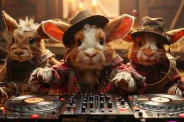 A lively barn dance where farm animals show off their best moves in funny costumes, with a scarecrow DJ spinning records.