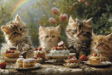 A group of kittens and puppies having a garden tea party, with miniature cakes and tea, under a rainbow.
