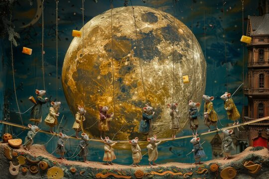 A lively mouse circus with acrobats, tightrope walkers, and clowns performing under a cheese moon.