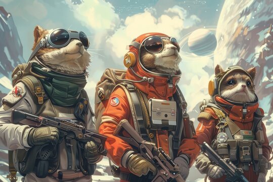 An intergalactic pet space mission to explore new planets, with animals as astronauts discovering alien life forms and making cosmic friends.