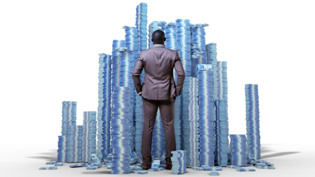 Rich African budinessman with hands in pocket standing and and facing huge stacks of Nigerian Naira notes. Business man looking at alot of piled bundles of money isolated on transparent background
