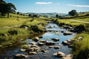 Fototapeta na wymiar Small river flows through grassy field with rocks under cloudy sky