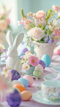 Table with Colorful dyed eggs and rabbit ears, flowers and easter bunny for festive Easter celebration at home.