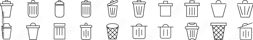 Poster collection of thin line icons of trash can. editable stroke. simple linear illustration for web site