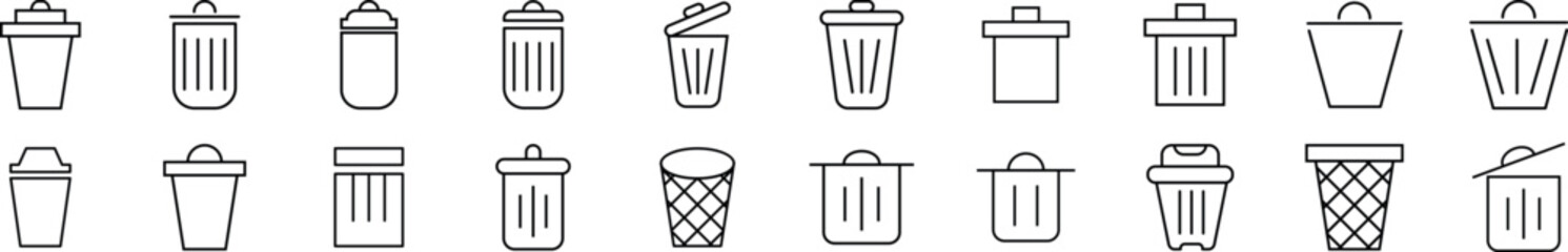 Collection of thin line icons of trash can. Editable stroke. Simple linear illustration for web sites, newspapers, articles book