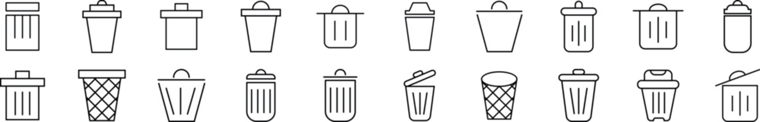 Pack of linear symbols of trash can. Editable stroke. Linear symbol for web sites, newspapers, articles book