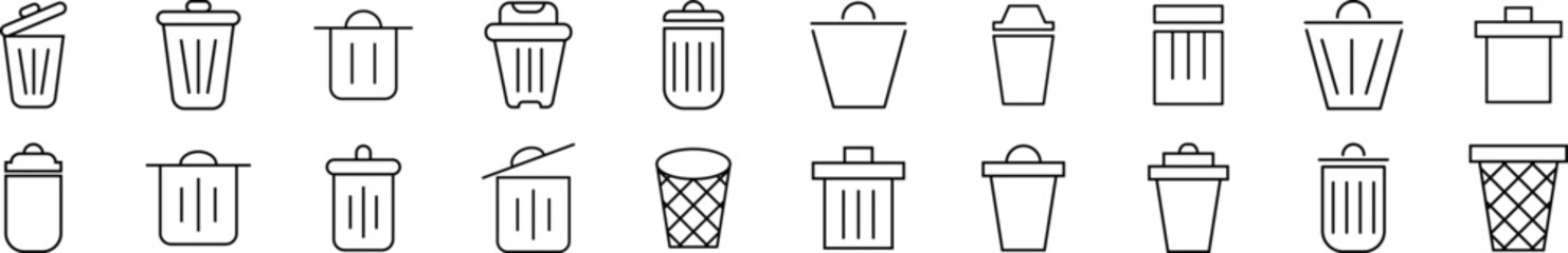 Collection of thin signs of trash can. Editable stroke. Simple linear illustration for stores, shops, banners, design