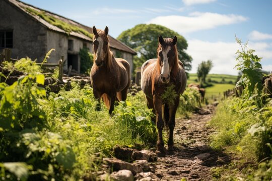 Two horses trot along a dirt path in a natural landscape