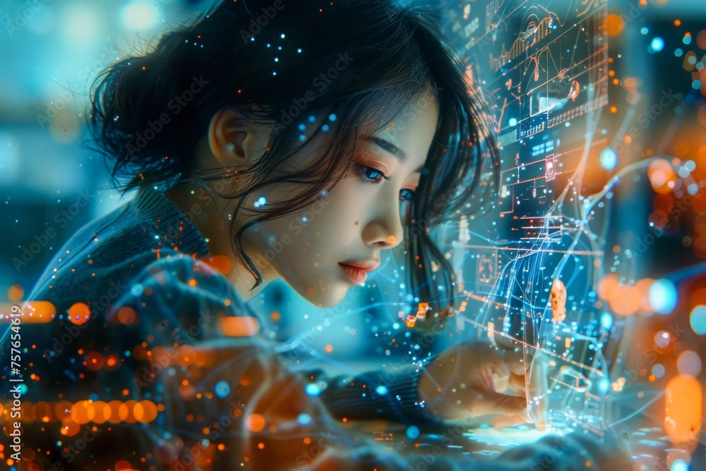 Aufkleber young woman engrossed in advanced digital interface with glowing futuristic graphics and data analys