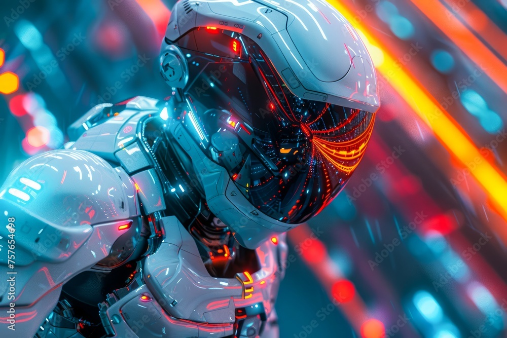 Poster futuristic cyborg portrait with neon lights and high-tech armor - sci-fi android concept in a dynami