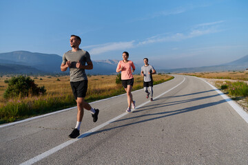 Fototapeta premium A group of friends maintains a healthy lifestyle by running outdoors on a sunny day, bonding over fitness and enjoying the energizing effects of exercise and nature
