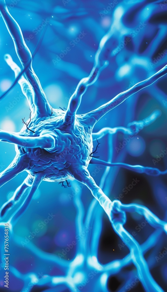 Poster detailed close up of human brain with neurons firing and neural extensions in action
