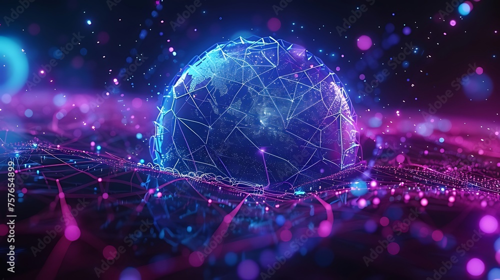 Poster a globe of a planet surrounded by neural neon nexus lines, grid and nodes. creative concept of techn