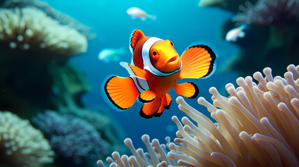 Fototapeta na wymiar Colorful clownfish swims gracefully among vibrant corals