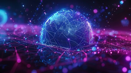 A globe of a planet surrounded by neural neon nexus lines, grid and nodes. Creative concept of technological progress, the World Wide Web banner cyber universe illustration. 3d render. Generative AI 