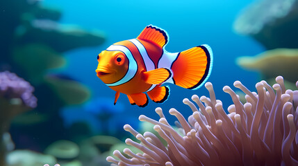 Obraz na płótnie Canvas Colorful clownfish swims gracefully among vibrant corals