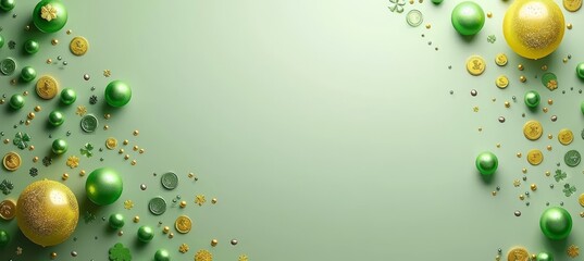 Stpatrick s day banner with irish balloons, clover, gold coins, green background, and text space.