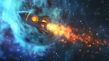 Bitcoin Rocket: Symbolic Bullish trajectory, Blockchain propulsion. Cosmic background, Bitcoin to the moon, Upward momentum. Fiat currency, Dark cosmic atmosphere. Crypto token coin investment concept