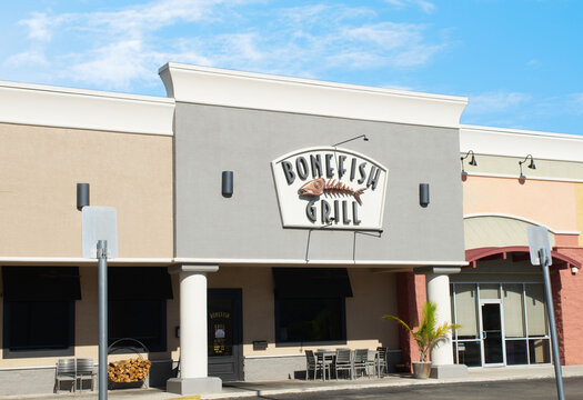 OCALA, FLORIDA USA - March 12, 2024 Bonefish grill is a chain of upscale restaurant featuring fresh seafood. They have 215 locations throughout the USA. Exterior sign front entrance to business
