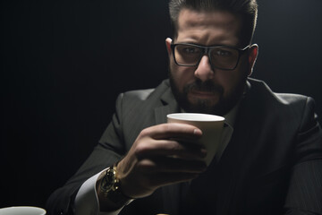Man in a business suit drinking from a coffee cup
