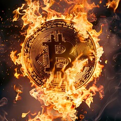 Bitcoin crypto currency gold coin burning under fire. Hot price or high value exchange rate of bitcoin token on crypto currency market. Investing in assets, lose investments due to financial risk. 