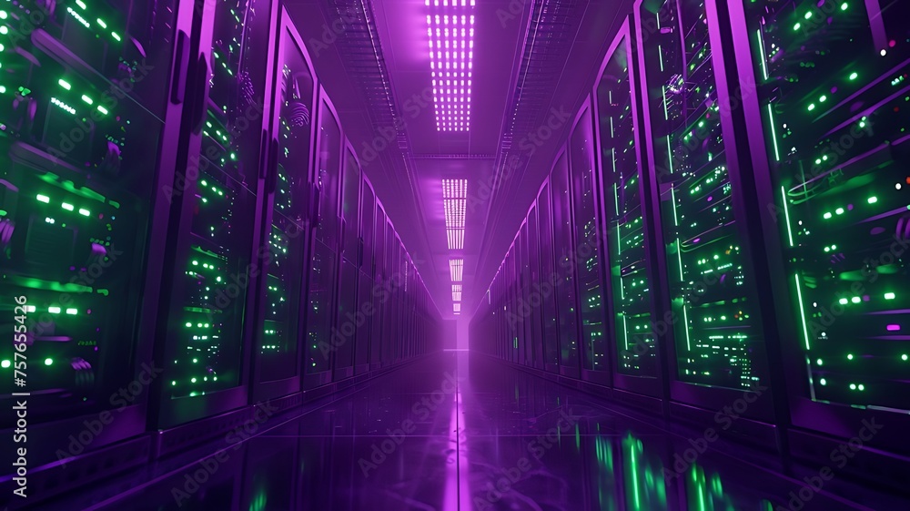 Poster server data centre room. server room with purple and green lights. cyber security monitoring room. d