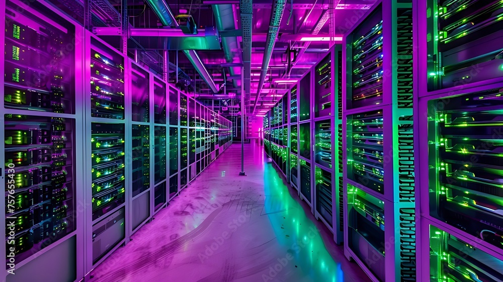 Poster server data centre room. server room with purple and green lights. cybersecurity monitoring room. da